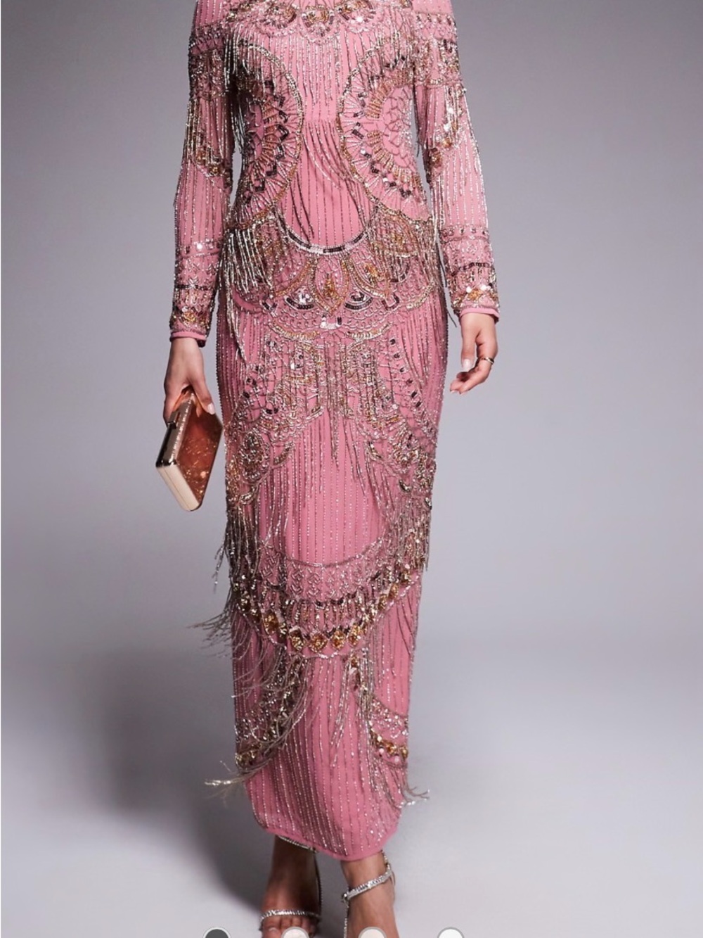 ASOS Pink Beaded Long-Sleeve Evening Gown